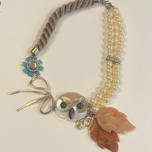 Owl Pendant Pearl Necklace with Gold and Brown Accents